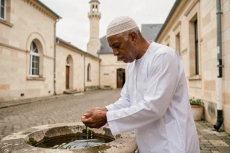 Homme effectuant les ablutions avant la prière dans la cour d'une mosquée à Argenteuil