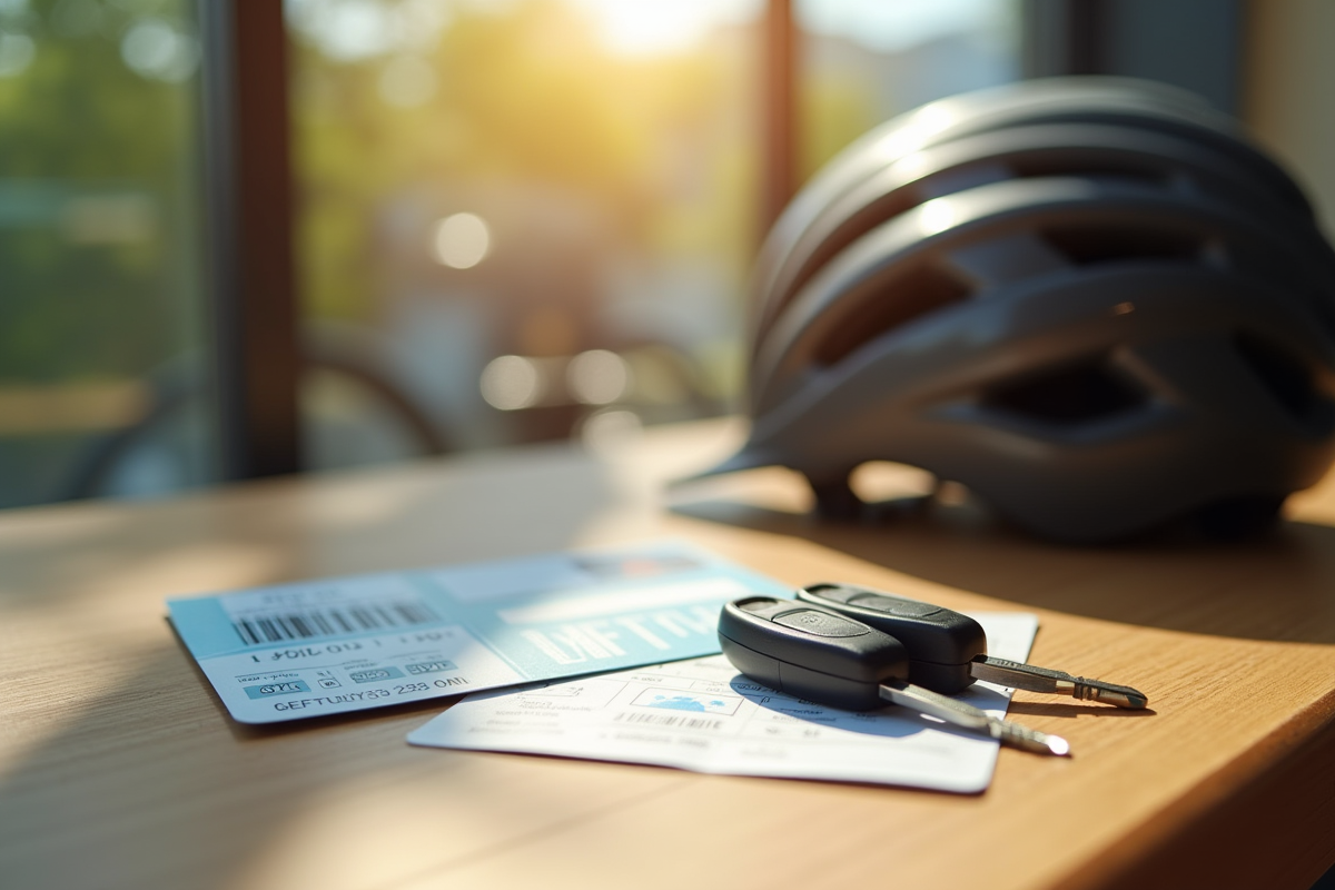 Tableau avec clés vélo ticket et carte metro sous lumière naturelle