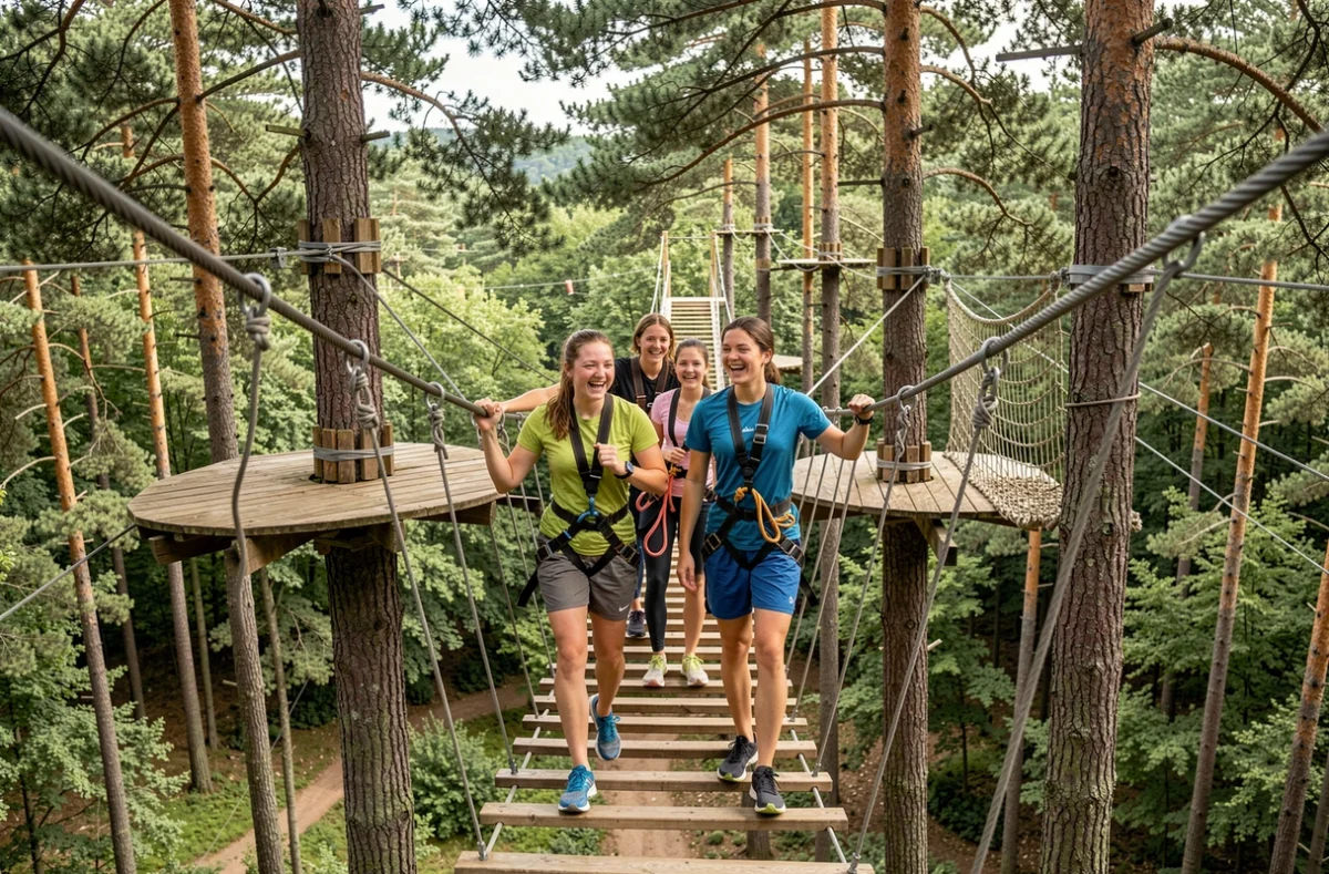 Famille en train de traverser un pont suspendu dans les arbres lors d'une activité accrobranche à Accrofolie à Contrexéville