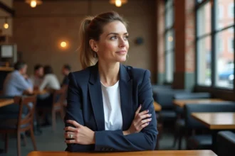 Actrice américaine à l'air déterminé refusant une offre de blockbuster dans un café new-yorkais