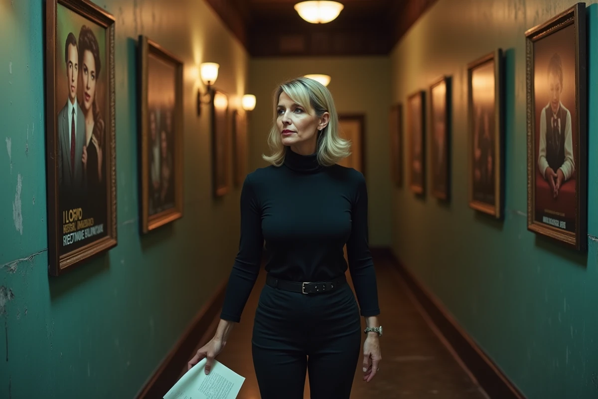 Actrice lisant un script dans un couloir de théâtre entouré d'affiches de films classiques