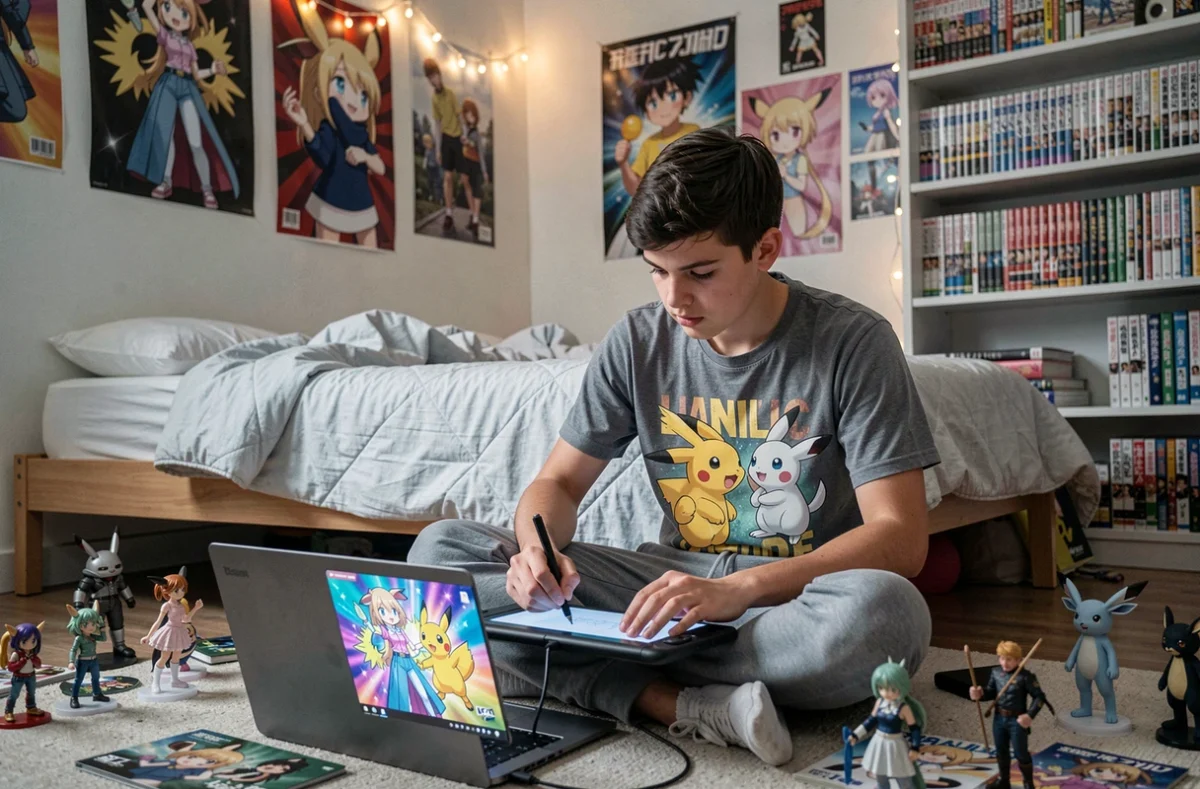 Adolescent créant un fanart numérique de Mew fusionné avec Pikachu sur tablette graphique dans sa chambre décorée d'affiches Pokémon