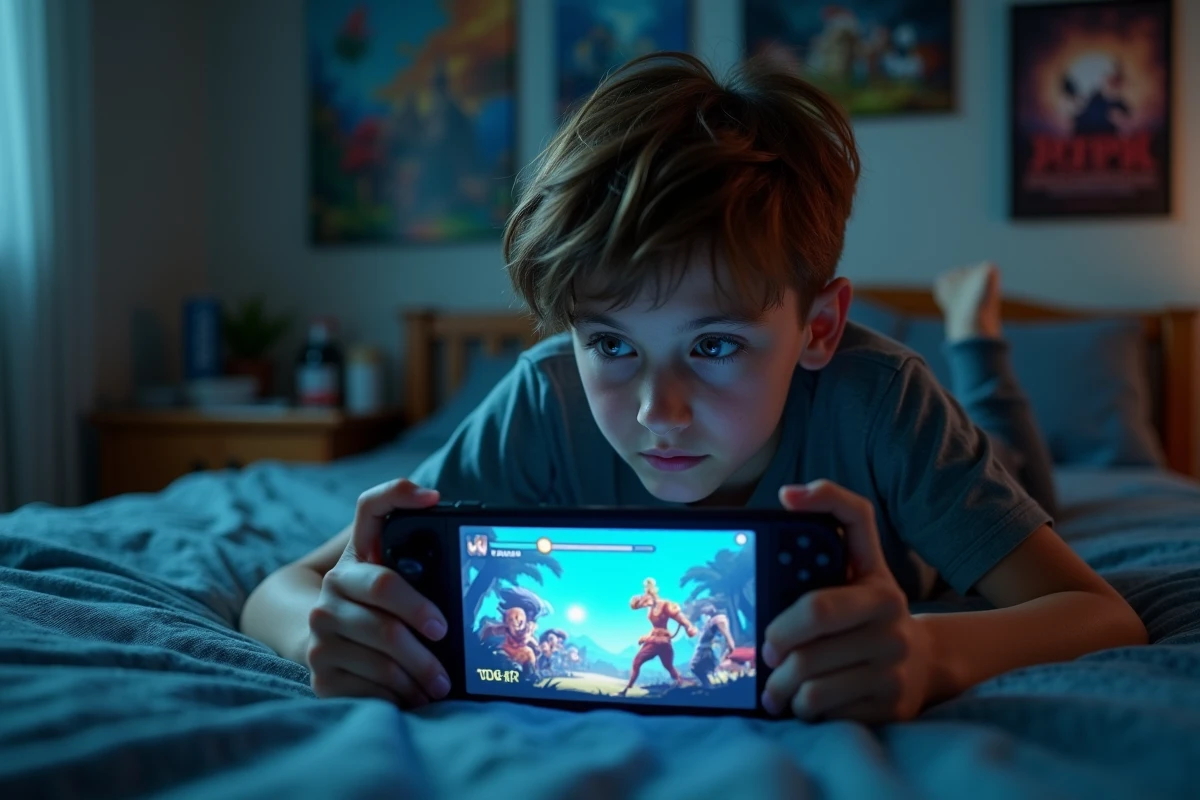 Adolescent jouant à un RPG fantasy sur console portable dans sa chambre avec une animation de montée en XP à l'écran