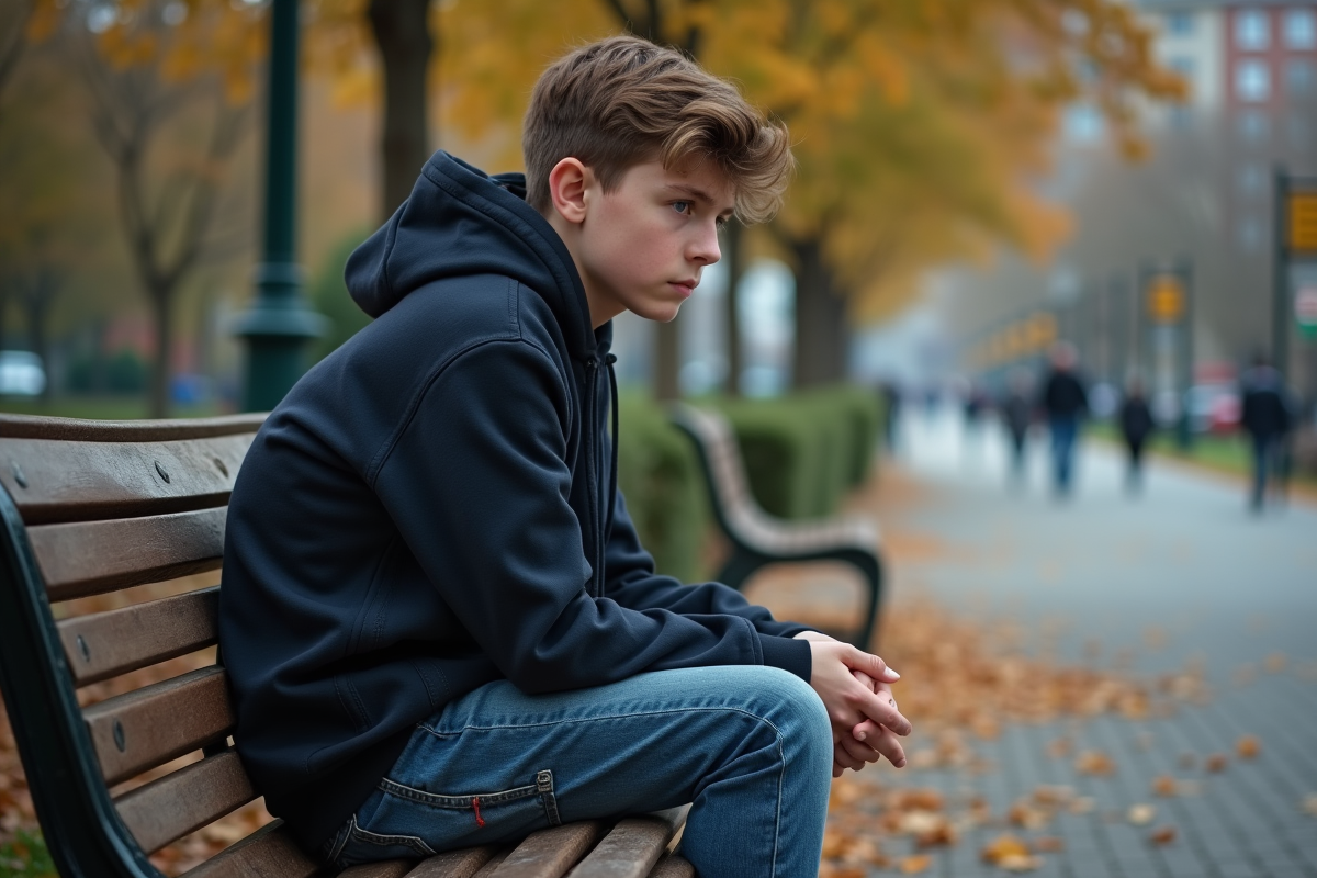 Adolescent seul sur un banc dans un parc