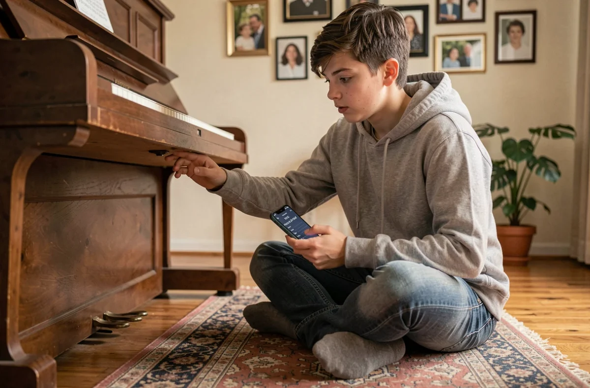 Adolescent apprenant les accords de Mistral Gagnant au piano avec une application sur smartphone