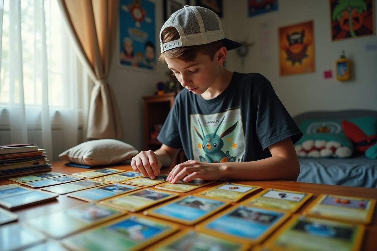 Adolescent organisant sa collection de cartes Pokémon JCC Aventure Ensemble dans sa chambre