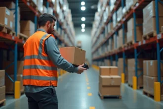 Agent logistique scannant un colis dans un entrepôt de distribution avec rayonnages et convoyeurs en arrière-plan