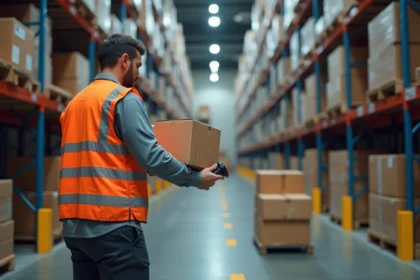Agent logistique scannant un colis dans un entrepôt de distribution avec rayonnages et convoyeurs en arrière-plan