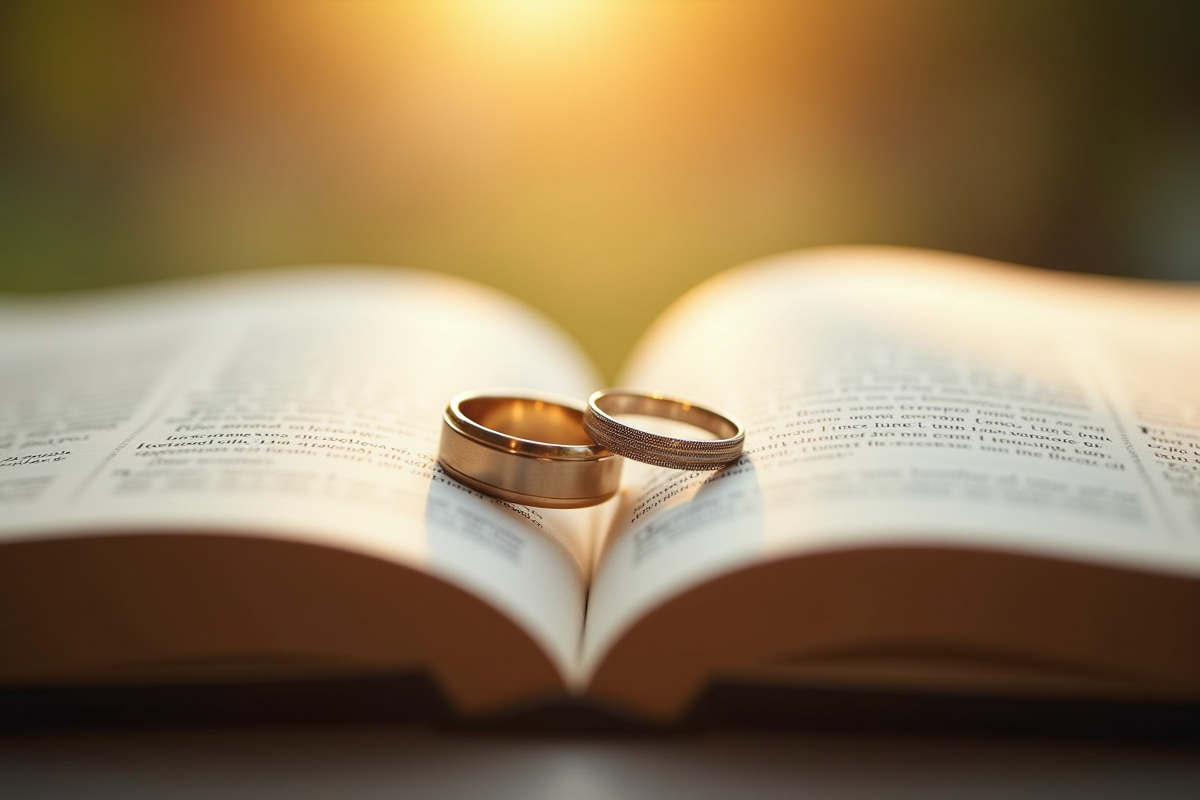 Alliances de mariage posées sur un livre ouvert