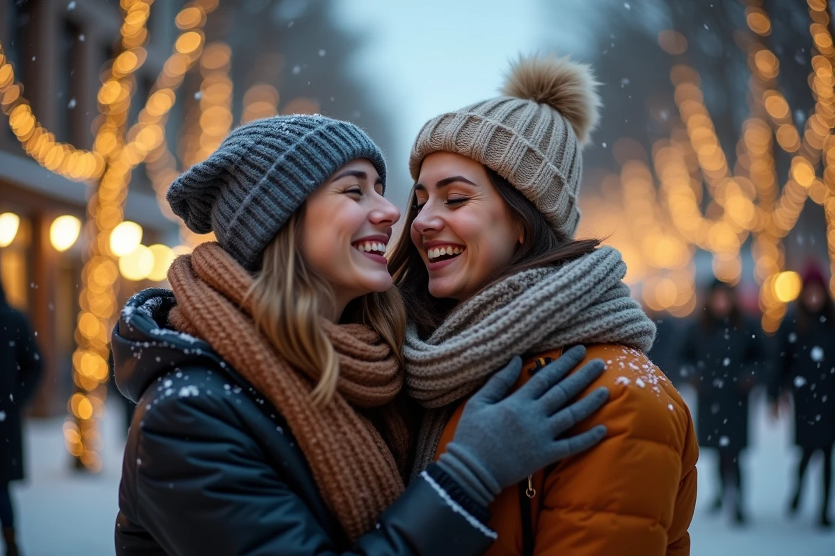 Deux amies qui s'embrassent chaleureusement lors du réveillon du Nouvel An en plein air, entourées de confettis et de décorations hivernales