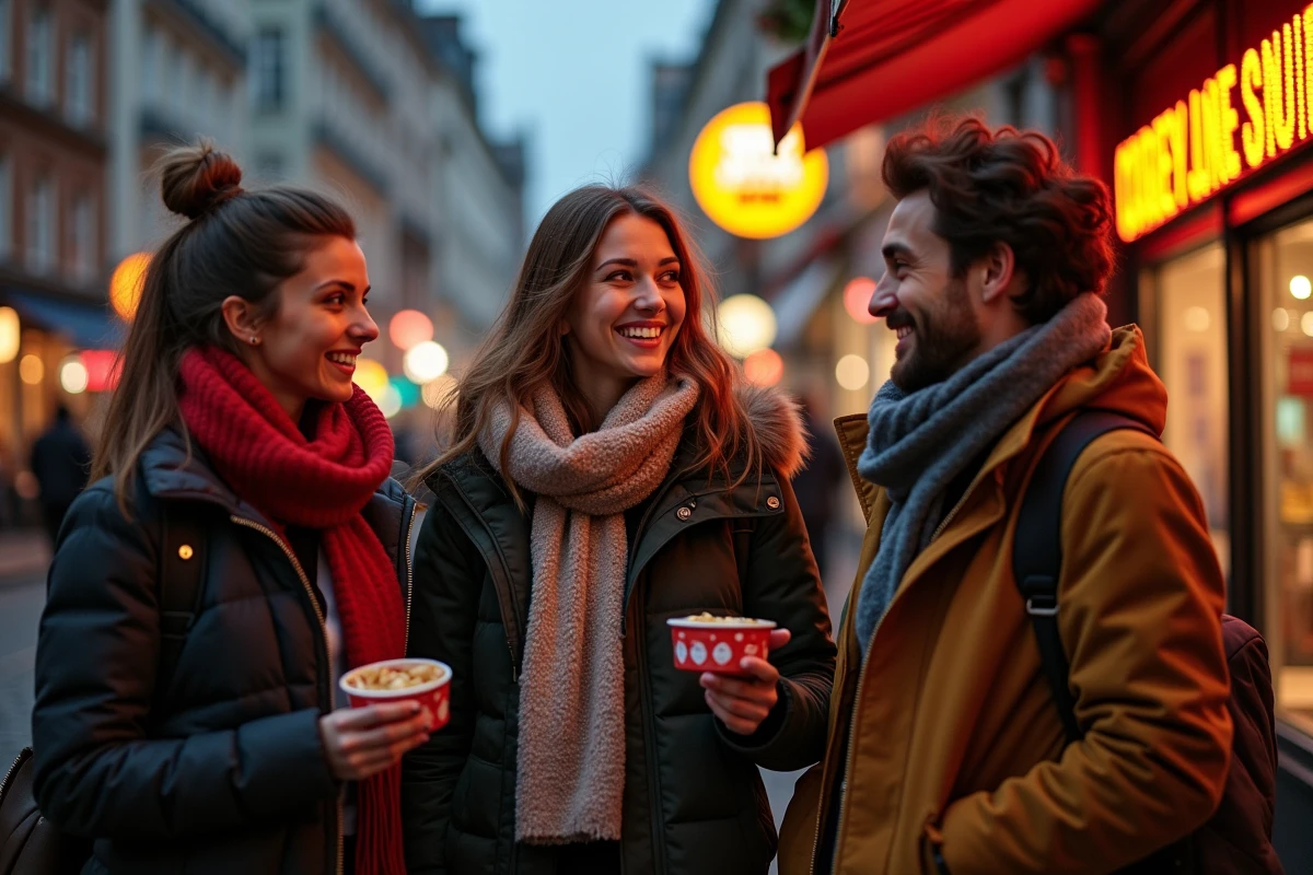 Trois amis discutant devant un club à Lille