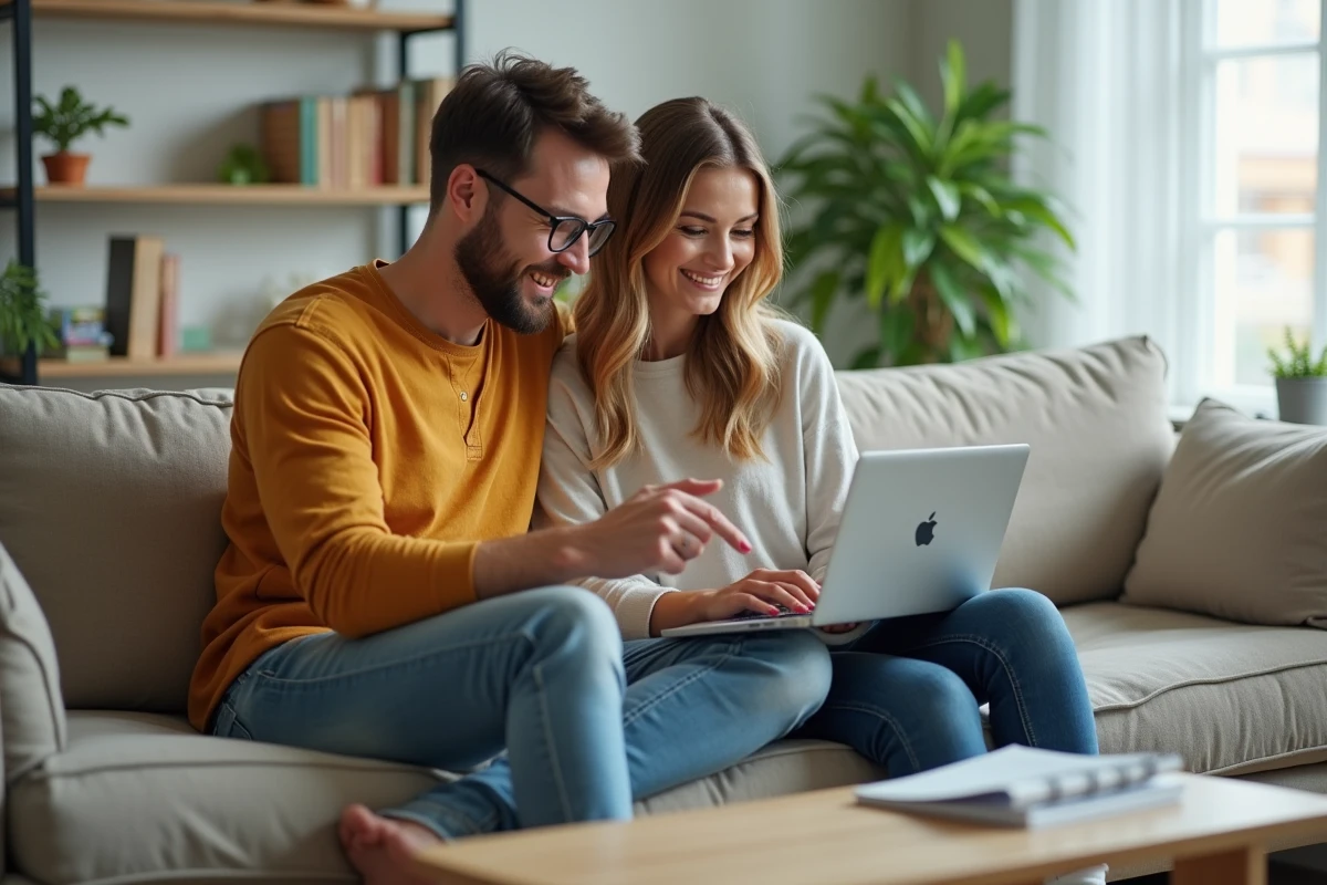 Deux amis collaborant sur un jeu de mots croisés en ligne sur un ordinateur portable dans un salon confortable