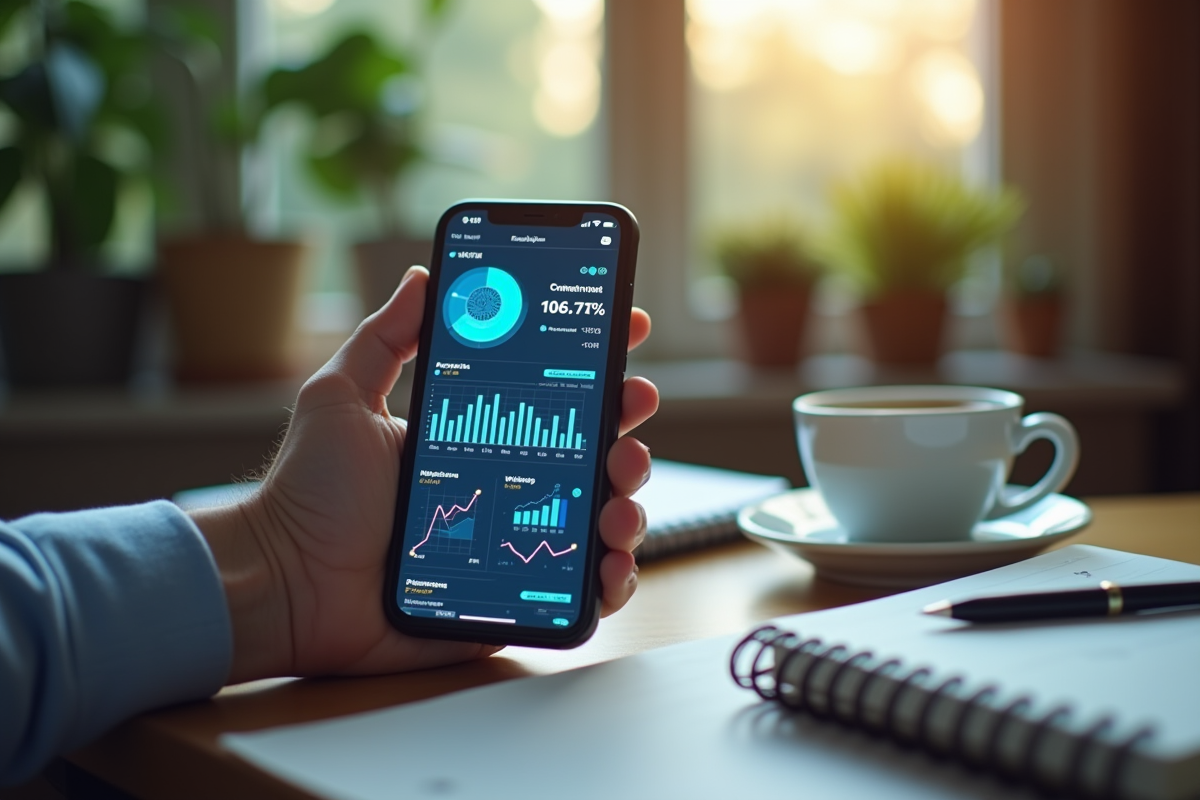 Main tenant un smartphone avec analyses marketing et graphiques sociaux