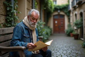 Homme tenant des paroles de chanson manuscrites dans une cour parisienne pavée, ambiance nostalgique évoquant la chanson française de Renaud