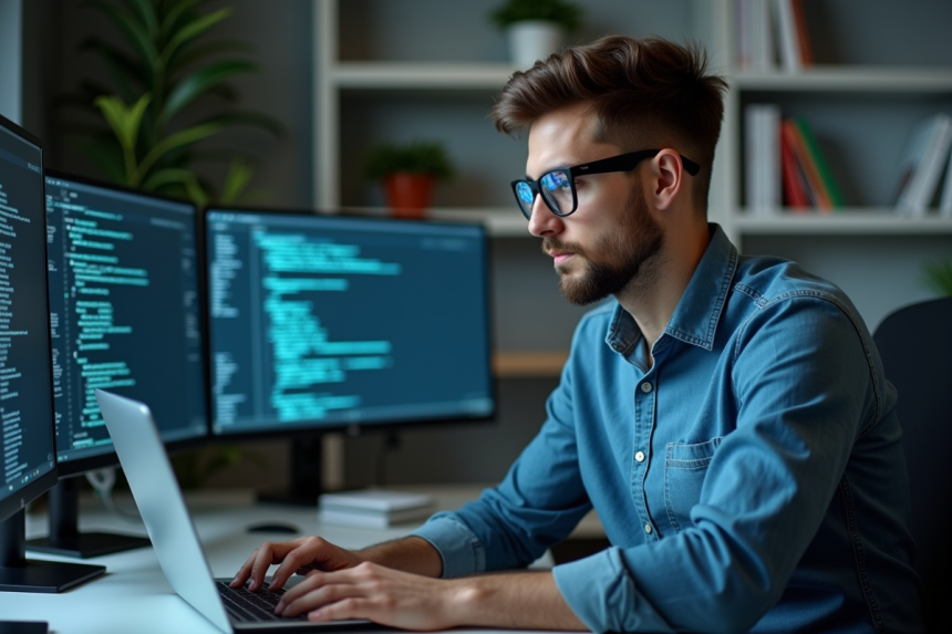 Jeune analyste cybersécurité travaillant sur un laptop