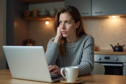Femme cherchant comment annuler son abonnement Amazon Prime sur un ordinateur portable dans sa cuisine