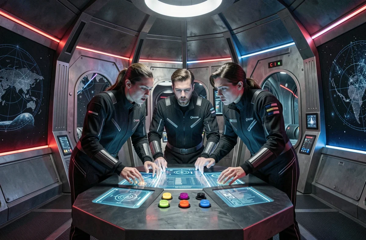 Groupe de joueurs autour d'un panneau de contrôle futuriste dans la salle d'escape game spatiale Apocalypstar à Gérardmer