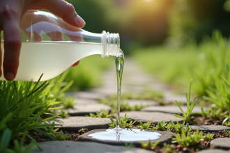Personne verse du vinaigre blanc sur des mauvaises herbes entre pavés