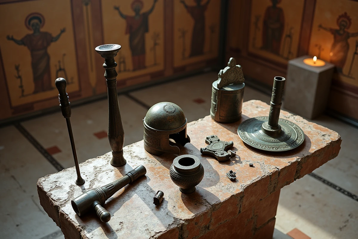 Collection d'artefacts grecs anciens en bronze et fer évoquant l'artisanat divin d'Héphaïstos dans la mythologie grecque