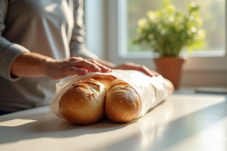 Baguette fraîche placée dans un sac de congélation sur un plan de travail