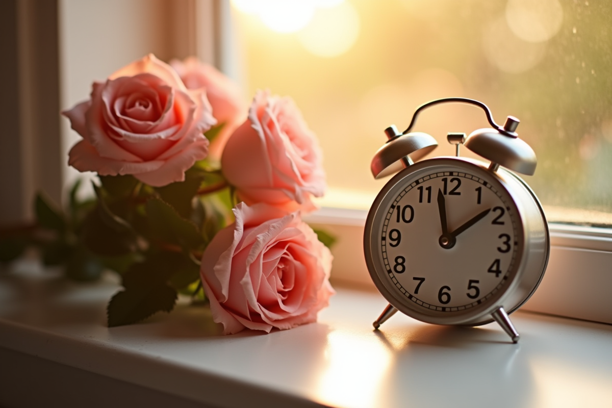 Horloge digitale et bouquet de roses en lumière dorée
