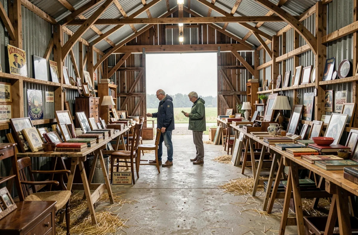 Brocante abritée dans une grange en Deux-Sèvres avec des visiteurs qui chinent sous la pluie parmi des meubles anciens et des objets vintage