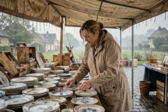 Femme en imperméable chinant sous la pluie à une brocante en plein air dans les Deux-Sèvres, vaisselle ancienne posée sur une table mouillée sous une bâche