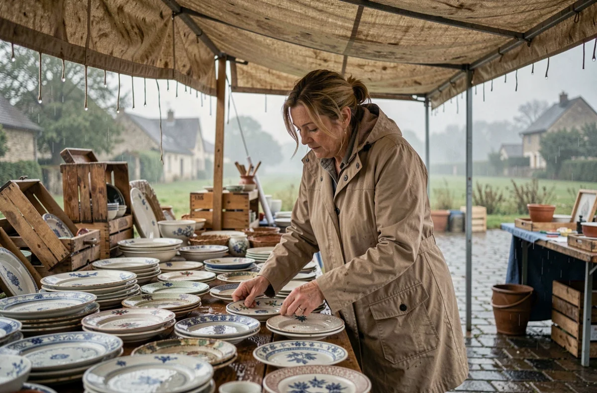 Femme en imperméable chinant sous la pluie à une brocante en plein air dans les Deux-Sèvres, vaisselle ancienne posée sur une table mouillée sous une bâche
