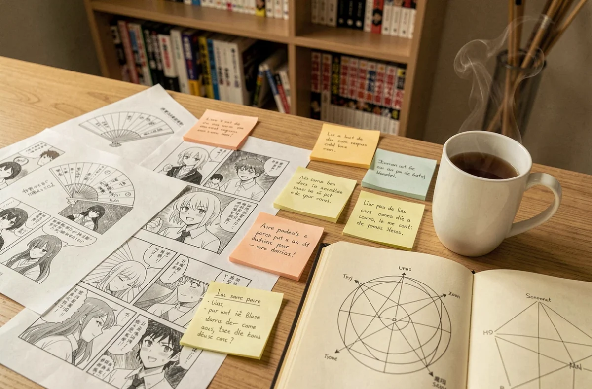 Bureau de fan avec esquisses, notes de théories et analyses manuscrites sur l'arc en cours de One Piece chapitre 1148