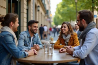 Groupe d'adultes souriants à un café en plein air à Bordeaux
