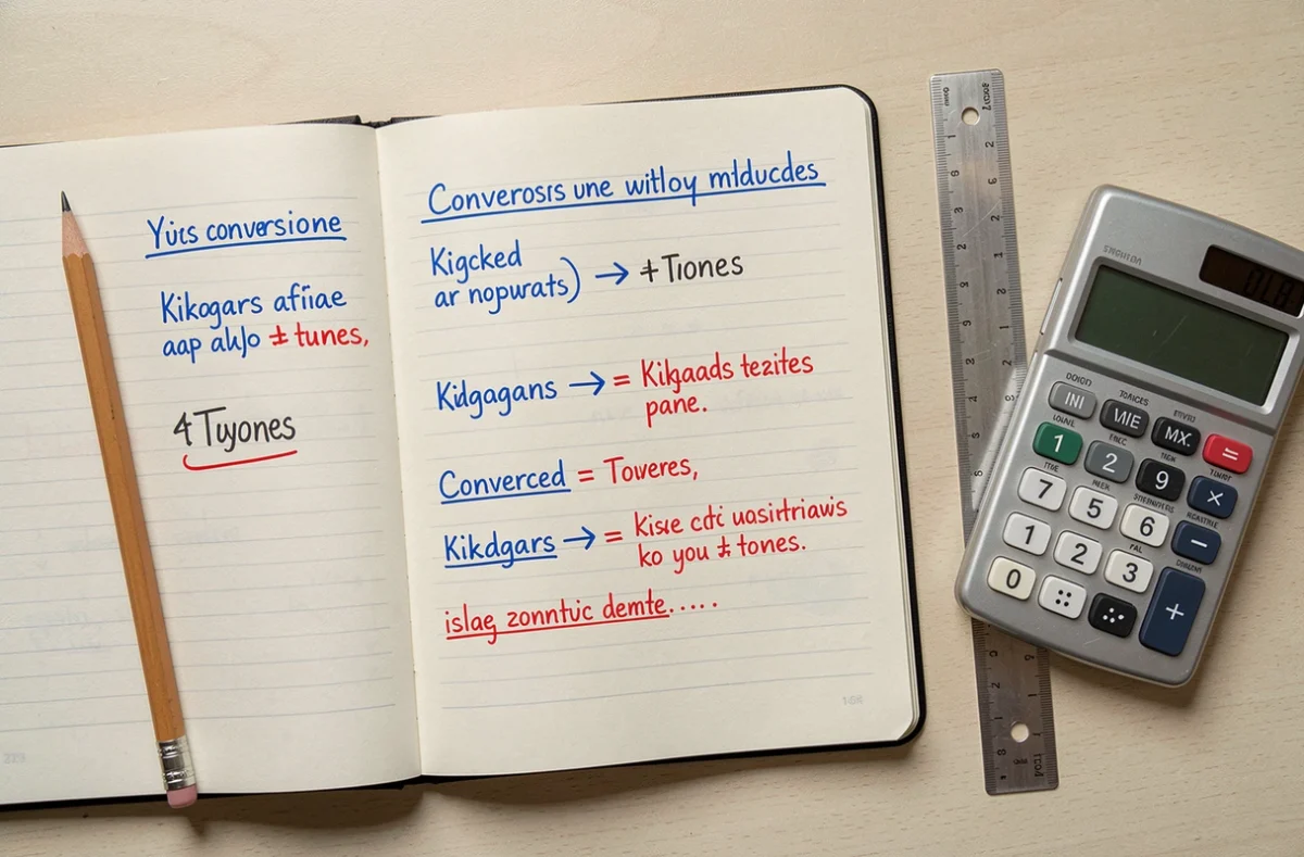 Vue aérienne d'un cahier scolaire avec des exemples manuscrits de conversion entre kilogrammes et tonnes entouré de fournitures