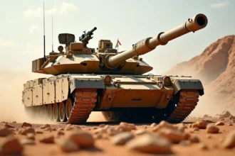 Char M1A1 Abrams en terrain désertique vu en angle trois-quarts avant, montrant la tourelle et le canon de 120mm