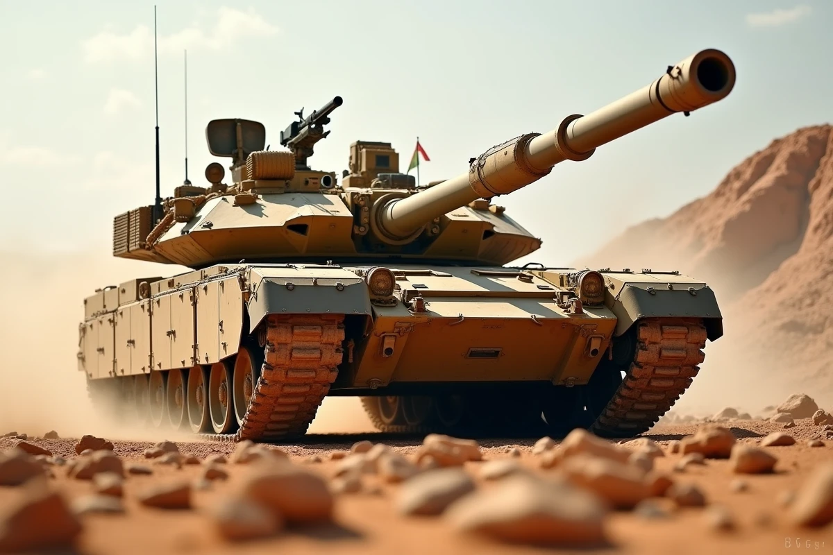Char M1A1 Abrams en terrain désertique vu en angle trois-quarts avant, montrant la tourelle et le canon de 120mm