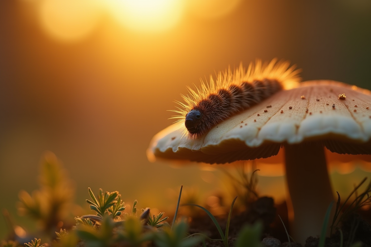 Chenille floue au bord d un gros champignon lors du golden hour
