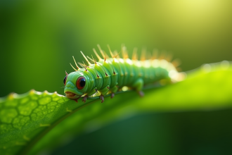 Chenille verte sur une feuille lumineuse en forêt