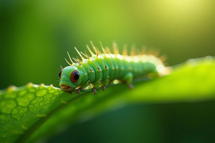 Chenille verte sur une feuille lumineuse en forêt
