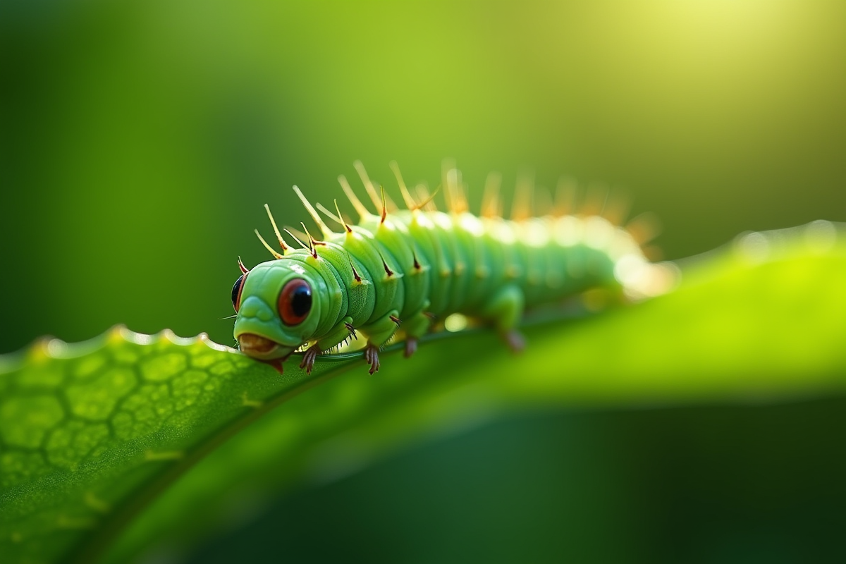 Chenille verte sur une feuille lumineuse en forêt