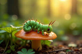 Chenille verte sur un champignon en forêt en macro