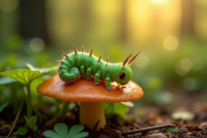 Chenille verte sur un champignon en forêt en macro