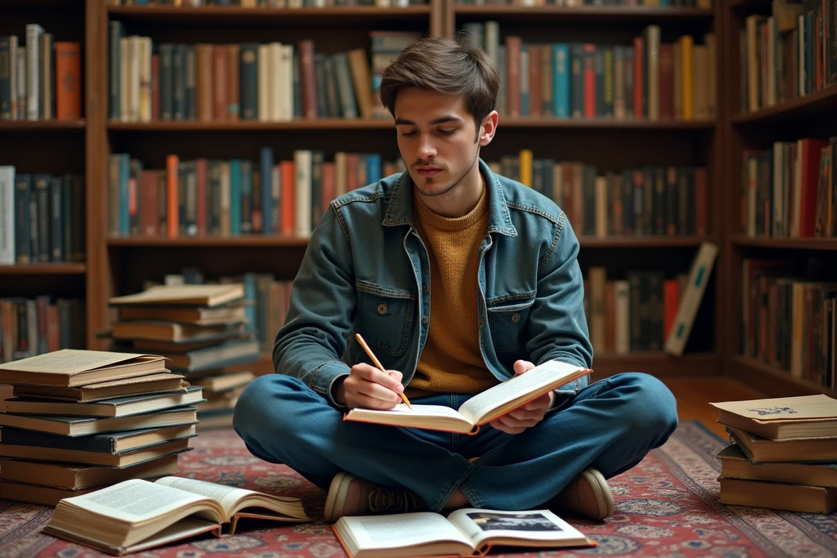 Jeune chercheur en cinéma étudiant des influences et références cachées entouré de livres de théorie du film dans une bibliothèque personnelle