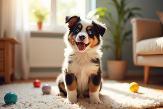 Chiot Australian Shepherd assis dans un salon cosy avec jouets