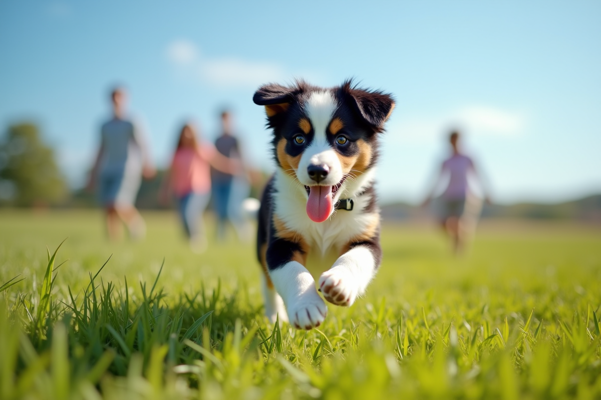 Chiot Australian Shepherd courant dans un champ vert en extérieur