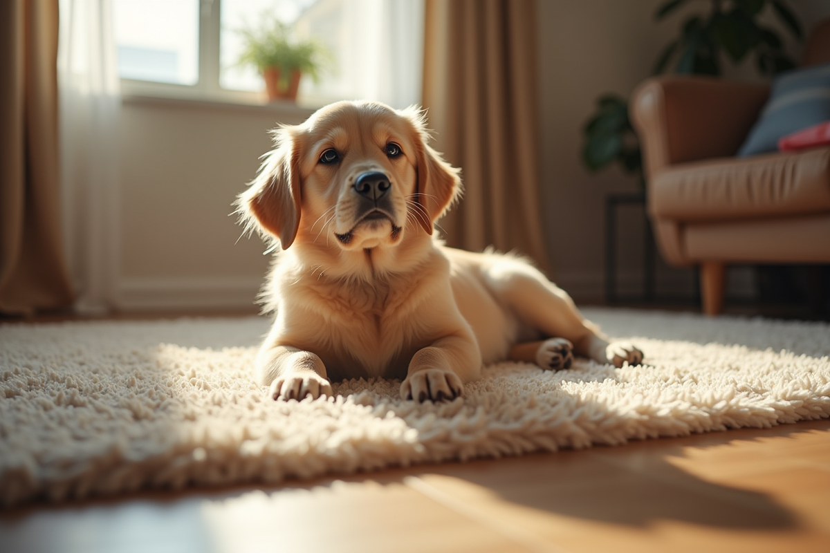 Chiot golden retriever allongé sur un tapis cosy