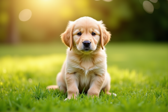 Miniature de chiot golden retriever en plein soleil