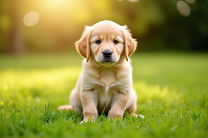 Miniature de chiot golden retriever en plein soleil