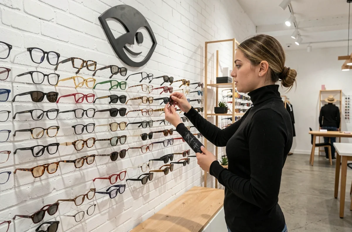 Jeune opticienne arrangeant un mur de lunettes tendance dans la boutique Clin d'Oeil Opticiens à Colmar
