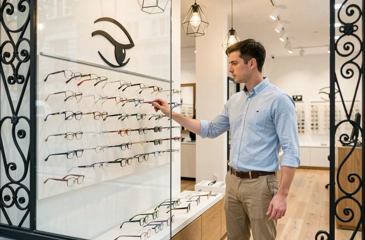 Opticien arrangeant des lunettes modernes dans la boutique Clin d'Oeil Opticiens de Nancy