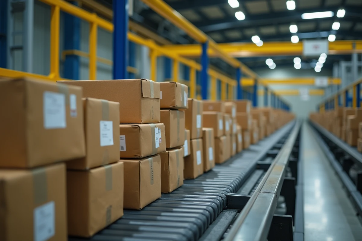 Rangée de colis sur un tapis convoyeur dans un centre de tri logistique automatisé représentant un envoi en transit