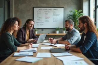 Groupe diversifié de professionnels collaborant autour d'une table de réunion moderne pour trouver des accords inclusifs