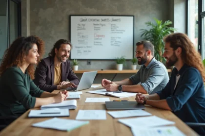 Groupe diversifié de professionnels collaborant autour d'une table de réunion moderne pour trouver des accords inclusifs